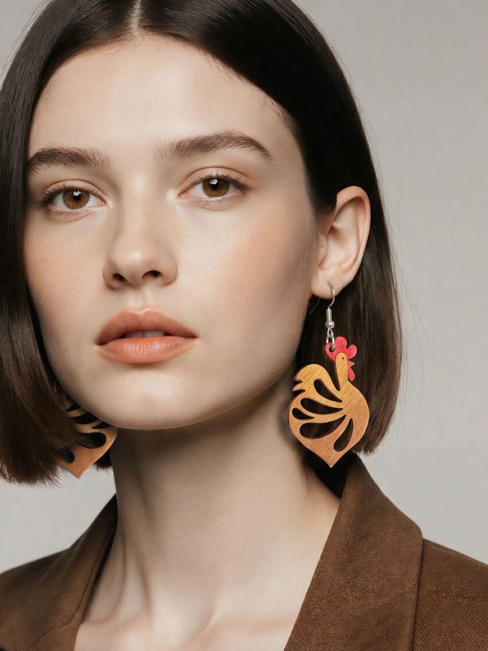 Handcrafted Brown and Red Rooster Wooden Dangle Earrings - Women Jewelry